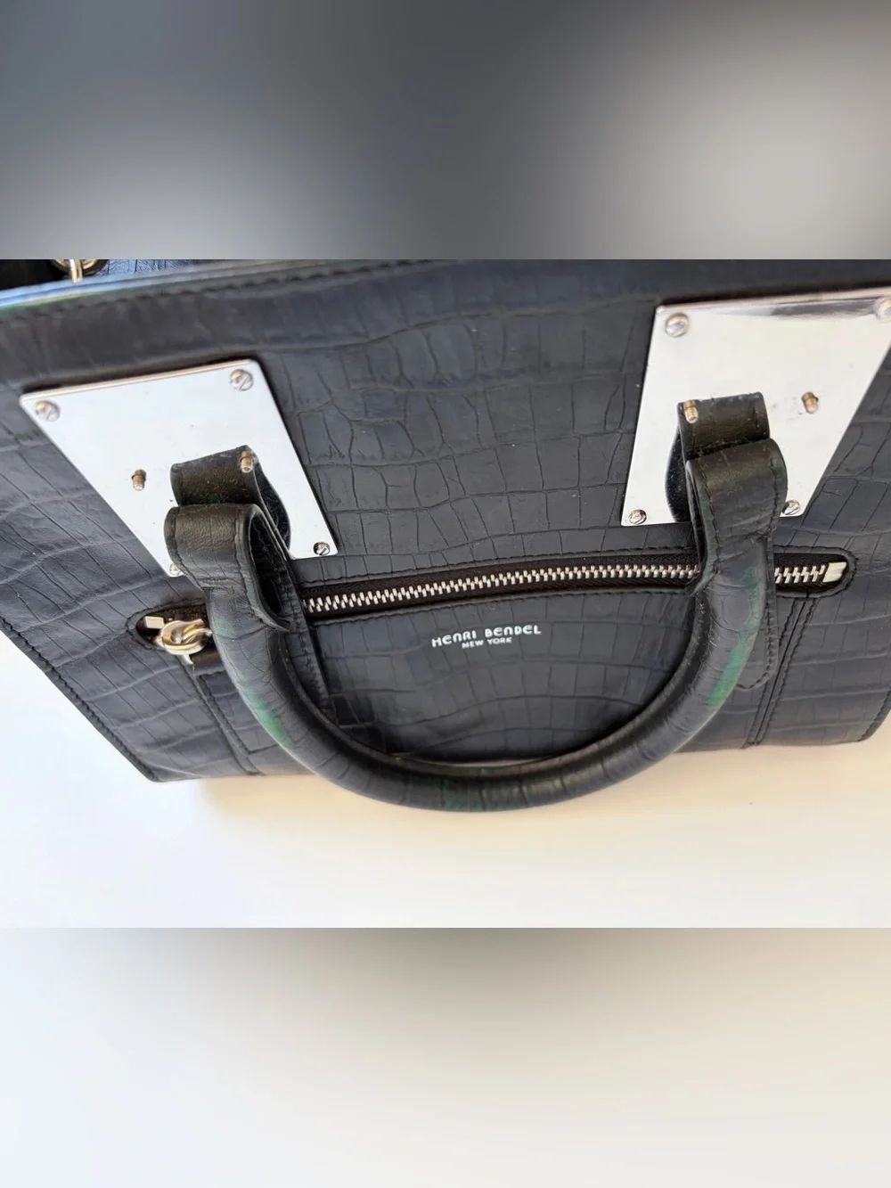 henri bendel Black Croc-Embossed Structured Top-Handle Bag